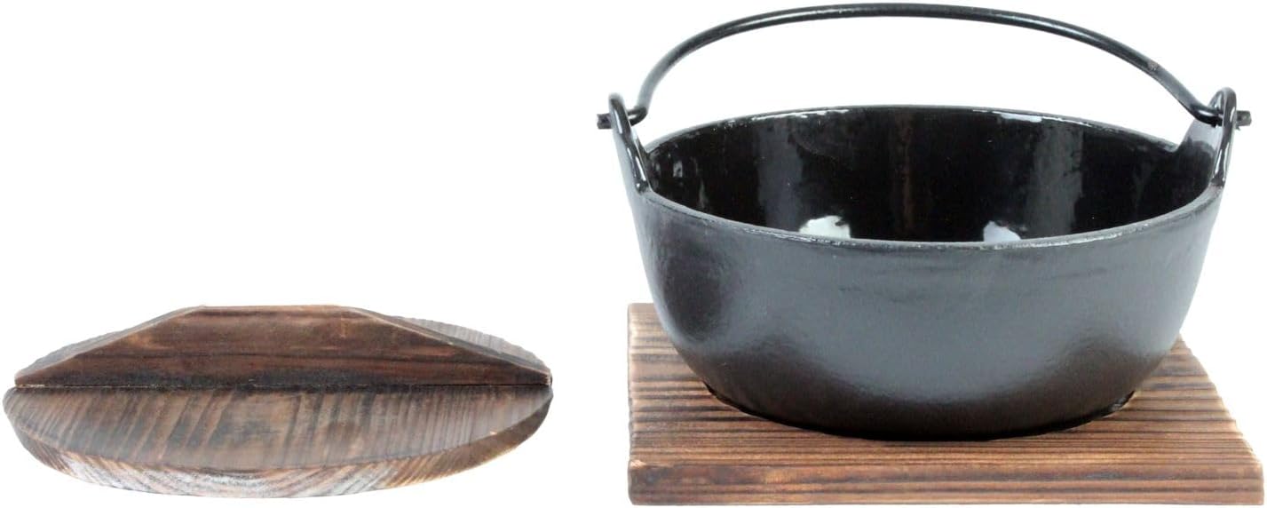 Cast Iron Japanese Noodle Bowl with Wooden Lid and Base - Japanese Style Traditional Cookware Serveware Nabemono Hot Pot Stockpot Wok Cooking Ideal for Restaurants Home