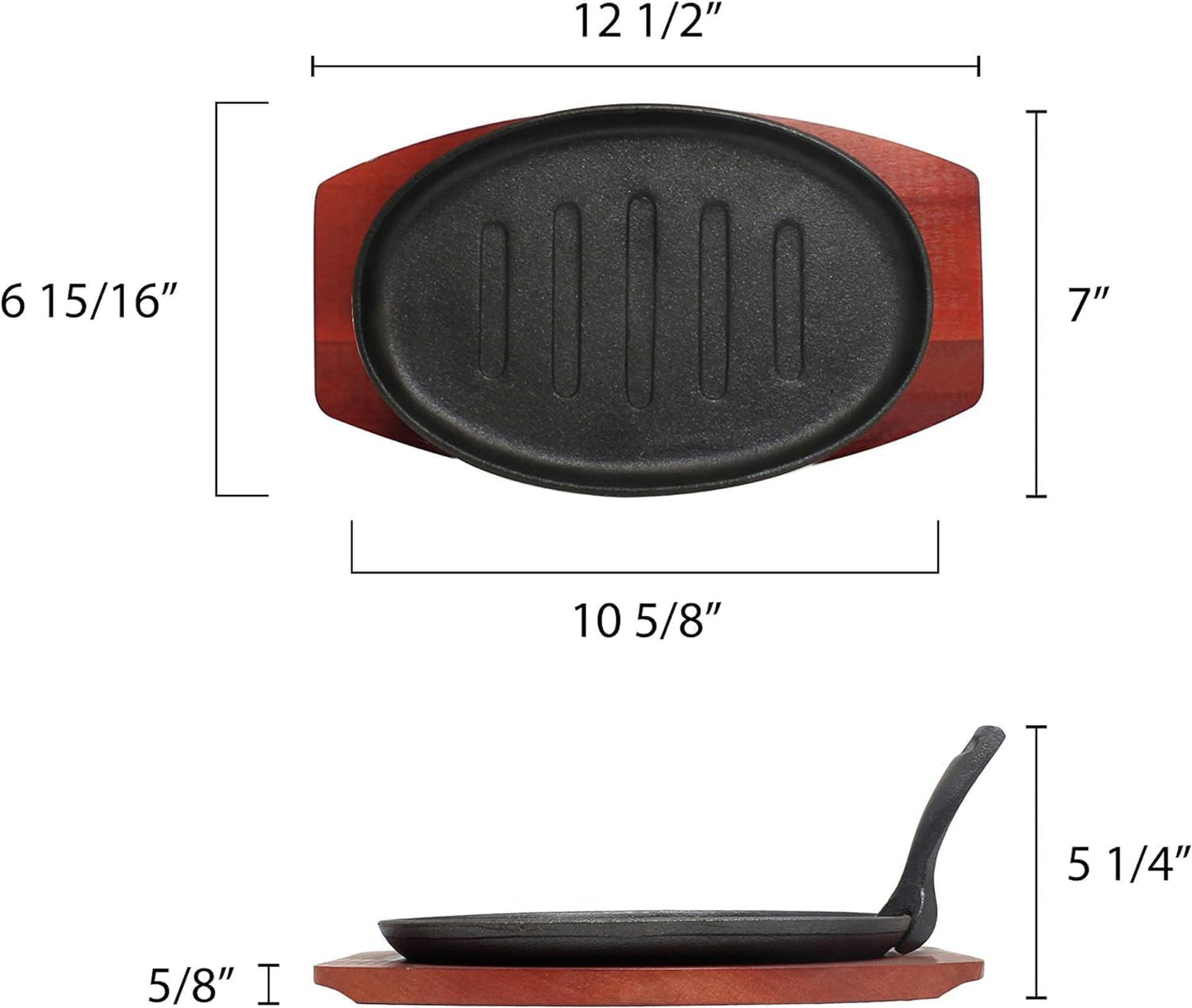 3 Piece Oval Cast Iron Sizzle Platter Set - Sizzler Plates Skillet Set Fajita Plate Fajita Pan With Wooden Base Perfect for Meats Steak Fish And Vegetables