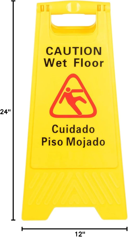 24" x 12" Caution Wet Floor Sign Yellow Color- Double-Sided Safety Warning Signs for Commercial Use A Frame 24 Inches Height Bilingual Warning Sign