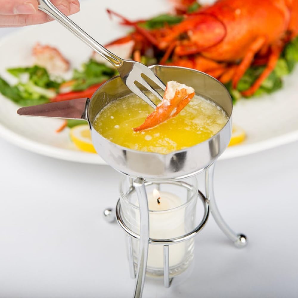 3 Piece Set Butter Warmer Stainless Steel Warmer Pan with Chrome Iron Plated Wire Stand and Glass Holder- Warmer Set for Chocolate Butter Cheese Perfect for dip Fruit Dessert Snack