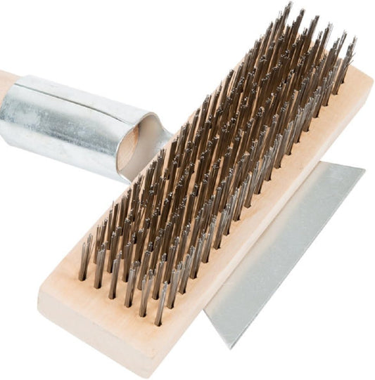 Pizza Oven Brush with Scraper Black Metal Wire Brush with Wooden Handle-Pizza Oven Cleaning Brush for Pizza Stone Grill Brush Outdoor BBQ Cleaning Oven Accessories