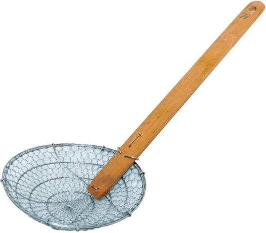 Stainless Steel Mesh Skimmer with Natural Bamboo Handle- Spider Strainer Ladle Kitchen Frying Food Pasta Spaghetti for Cooking and Frying Pasta Strainer Spoon