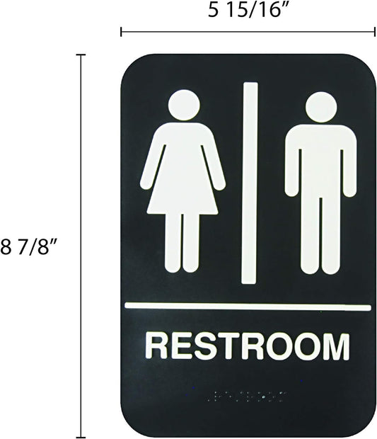 6" x 9" Restroom Sign with Braille Easy Peel Self-Adhesive White on Black Color Set of 2- Waterproof Self Adhesive Store Signs Indoor/Outdoor Warning Marker Home Business Use