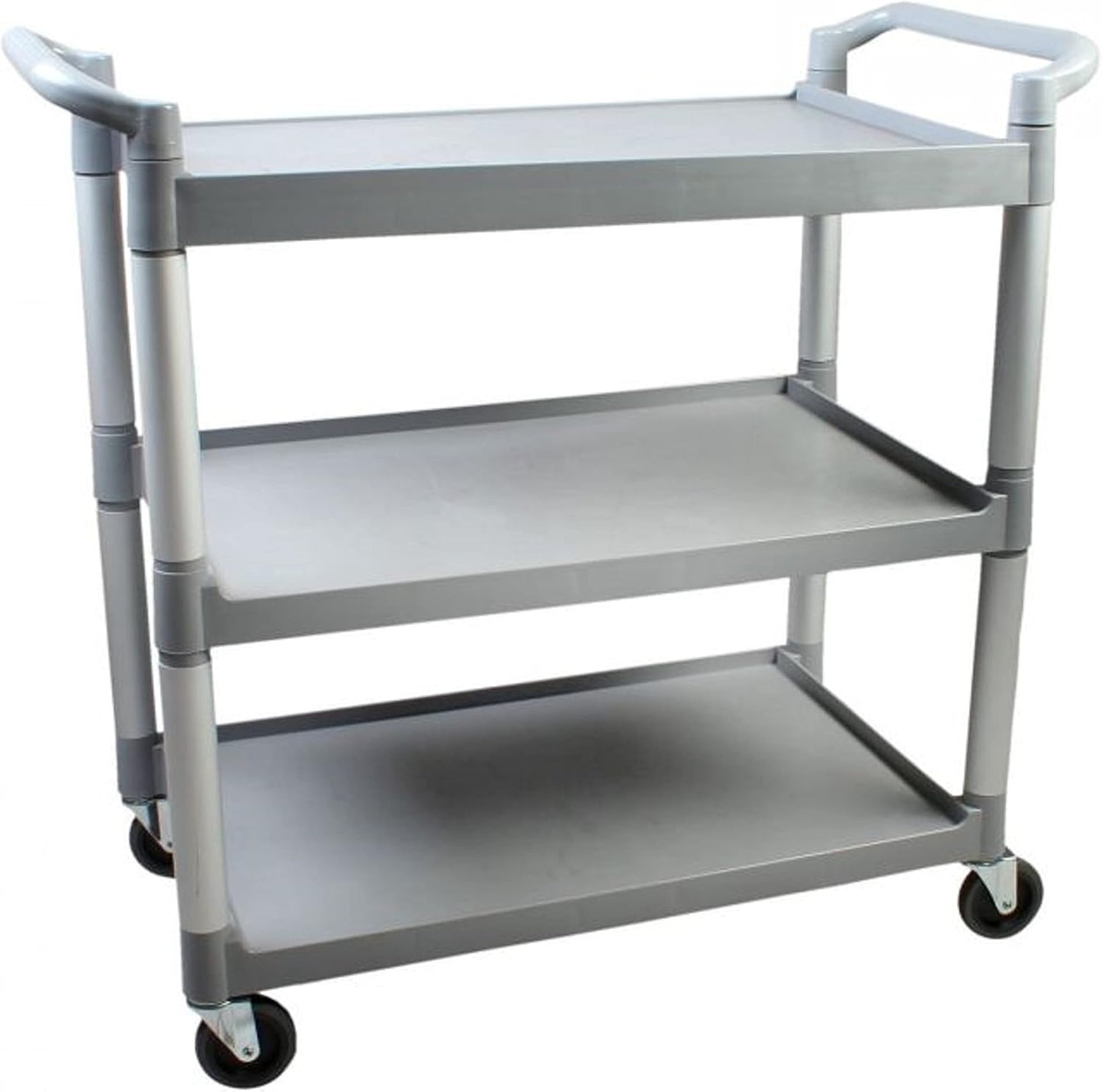 3-Tier Plastic Utility Bus Cart with (2) 4" Locking Casters and (2) 4" Regular Casters - Utility Push Cart for Foodservice Restaurant Cleaning Workplace