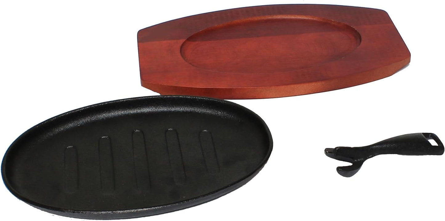 3 Piece Oval Cast Iron Sizzle Platter Set - Sizzler Plates Skillet Set Fajita Plate Fajita Pan With Wooden Base Perfect for Meats Steak Fish And Vegetables