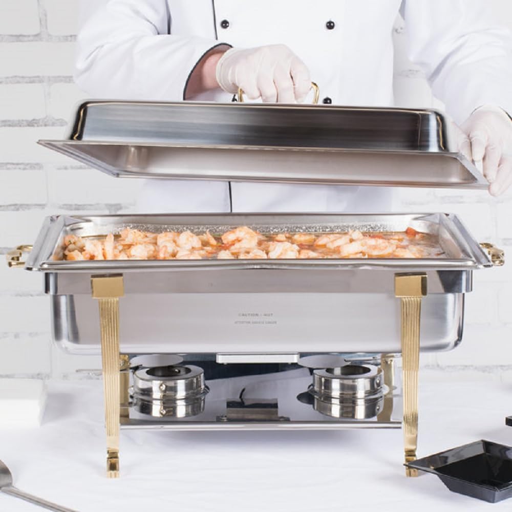 Stainless Steel Full Size Continental Chafing Dish Brass Accent Complete Set- Food Warmer Chafers and Buffet Warmer Sets for Catering Event Party Holiday Buffet Weddings Catering