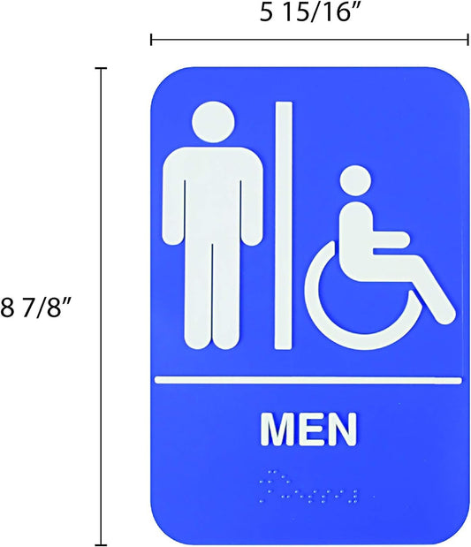 6" x 9" Men/ Wheelchair Accessible Restroom Sign with Braille Easy Peel Self-Adhesive White on Blue Color Set of 2- Waterproof Self Adhesive Store Signs Indoor/Outdoor Warning Marker Home Business Use