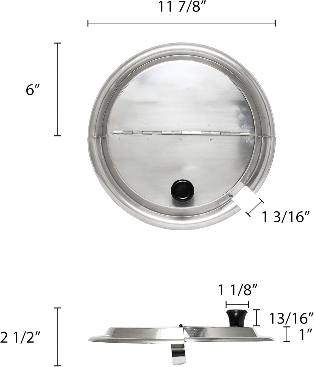Hinged Stainless Steel Inset Cover Fits 11 qt Inset Pan with Plastic knob and Notched for ladle- for Soup Warmer and Soup Chafer for Catering Buffet Parties Banquets Commercial