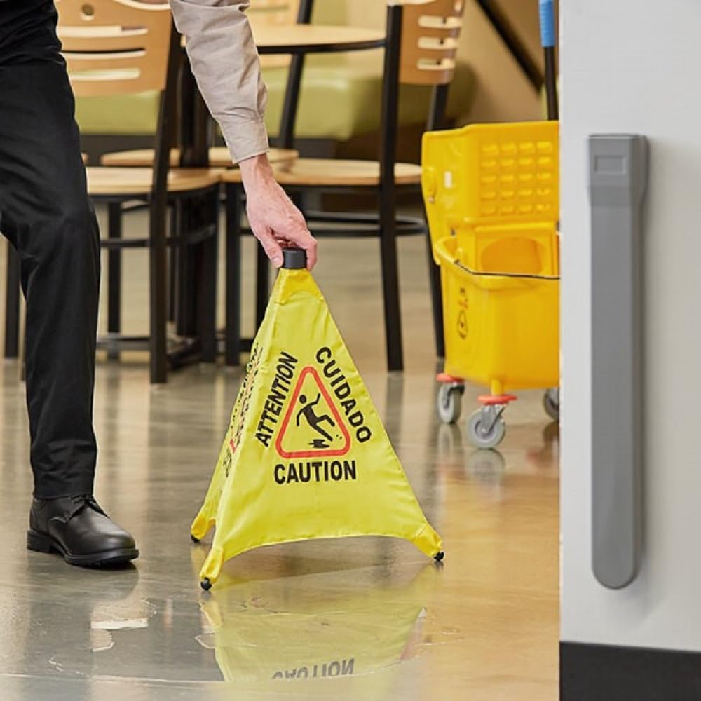 Pop-Up Safety Cone with Storage Tube- Multi-Lingual Caution Imprint and Wet Floor Symbol Floor Warning Sign in Public Spaces Safety Warning Signs for Commercial Use