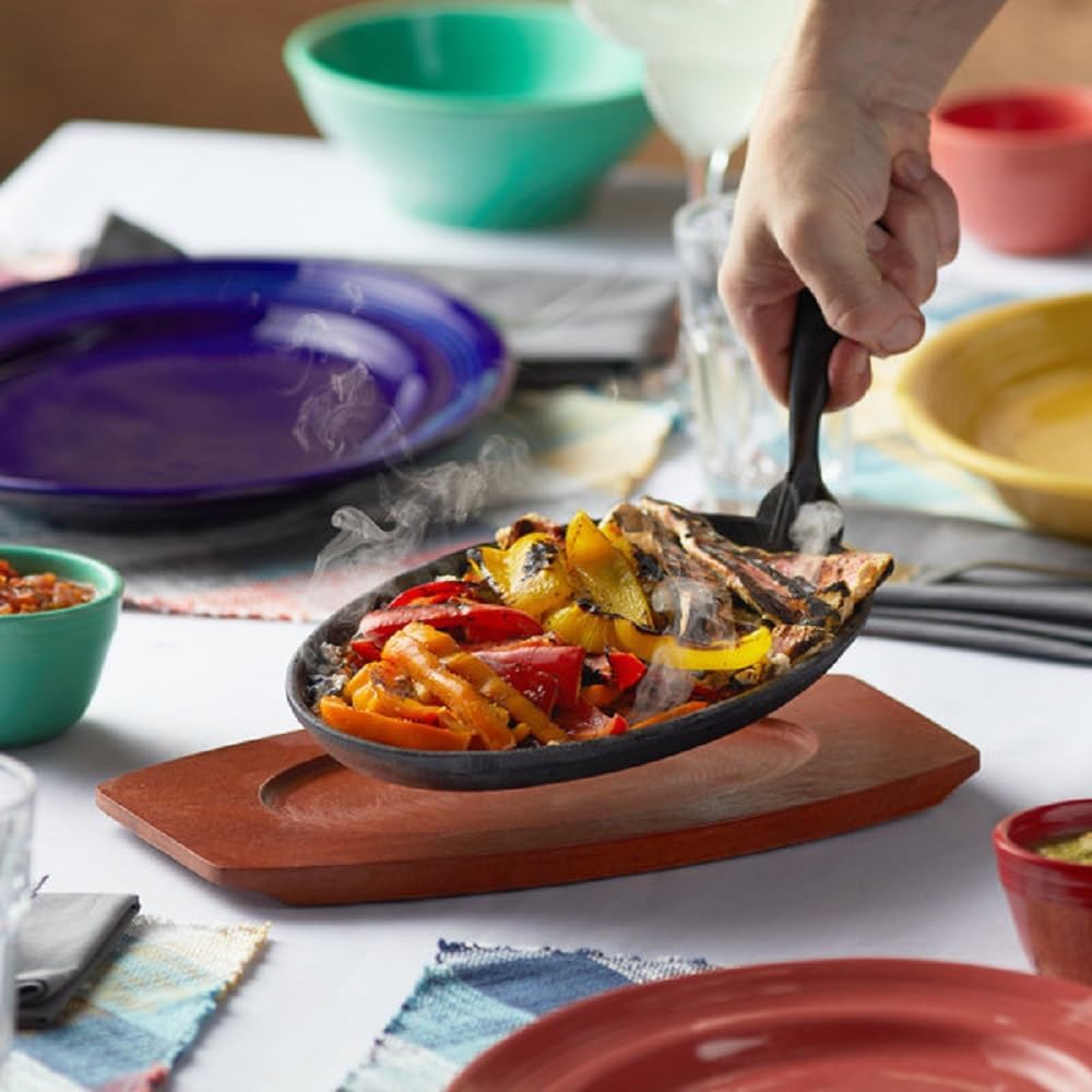 3 Piece Oval Cast Iron Sizzle Platter Set - Sizzler Plates Skillet Set Fajita Plate Fajita Pan With Wooden Base Perfect for Meats Steak Fish And Vegetables