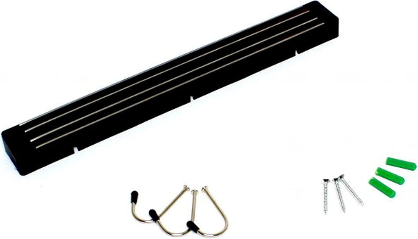 Magnetic Knife Holder Black with Plastic Base & Two Magnetic Strips for Wall optional hanging hooks -Strong Powerful Knife Rack Knife Strip Storage Display Magnetic Tool Organizer