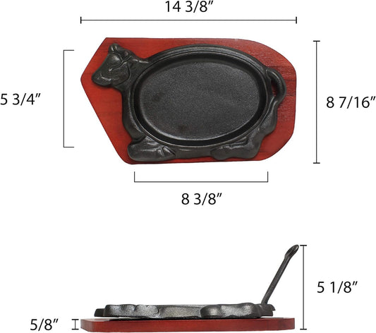 3 Piece Oval Cast Iron Sizzle Platter Set - Sizzler Plates Skillet Set Fajita Plate Fajita Pan With Wooden Base Perfect for Meats Steak Fish And Vegetables