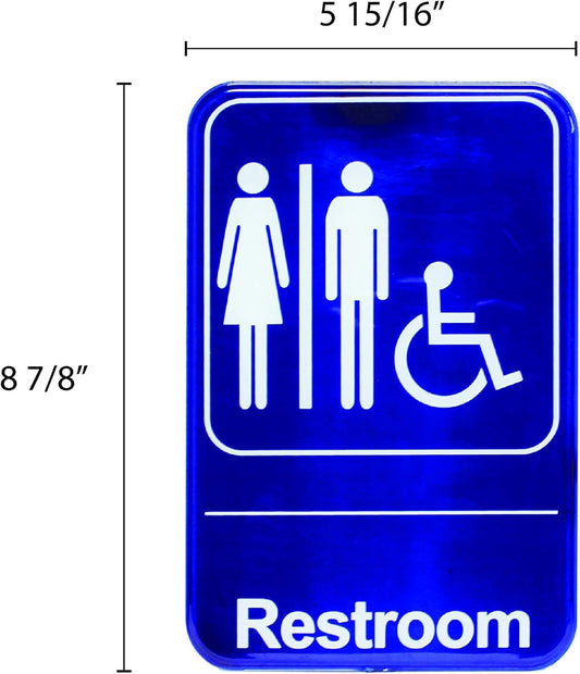 6" x 9" Restrooms/Accessible Bathroom Sign with Easy Peel Self-Adhesive White on Blue Color Set of 2- Waterproof Self Adhesive Store Signs Indoor/Outdoor Warning Marker Home Business Use