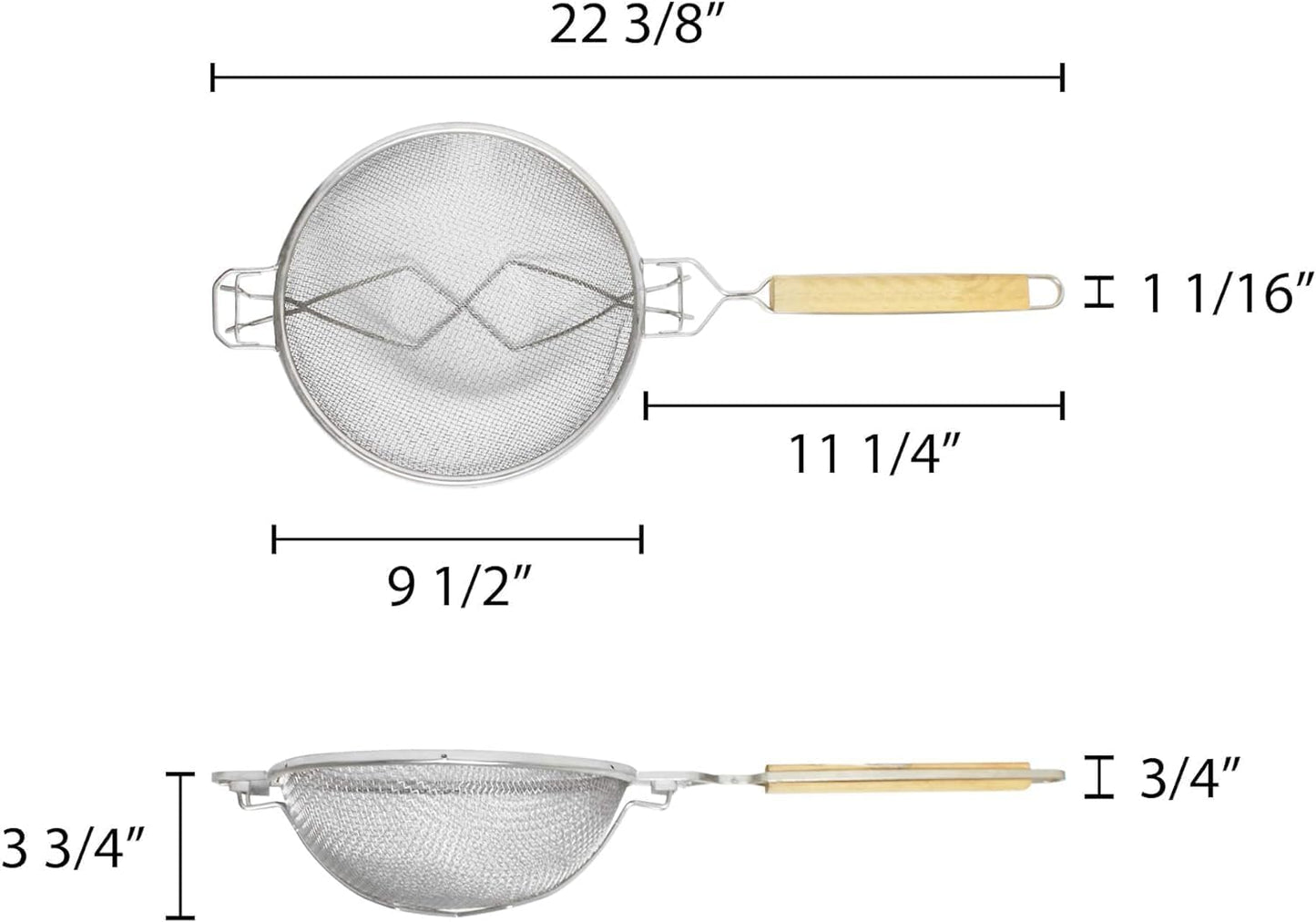 Reinforced Fine Double Mesh Strainer Nickel Plated Wire Frame & Support Handle Length- Kitchen Sieve Sifters Strainers for Sauces Gravies Tea Rice Oil Noodles and Fruits