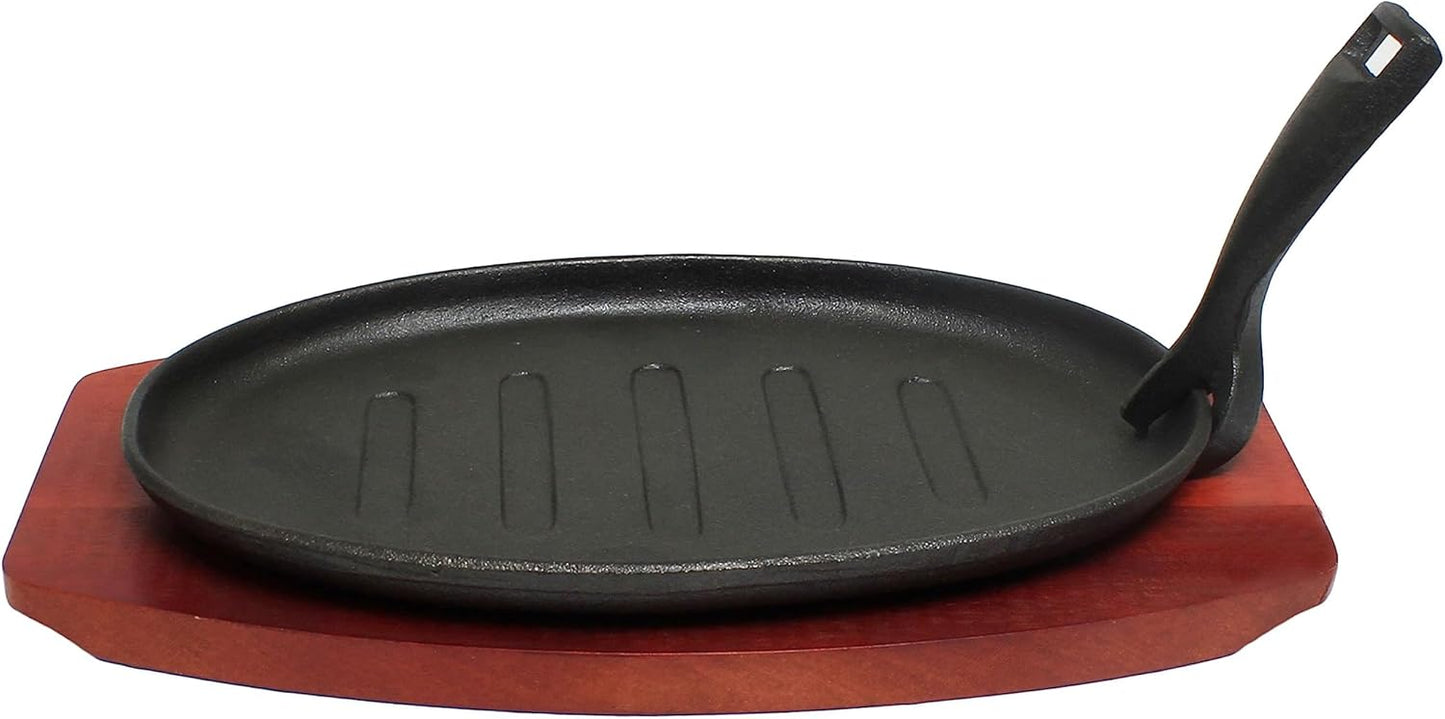 3 Piece Oval Cast Iron Sizzle Platter Set - Sizzler Plates Skillet Set Fajita Plate Fajita Pan With Wooden Base Perfect for Meats Steak Fish And Vegetables