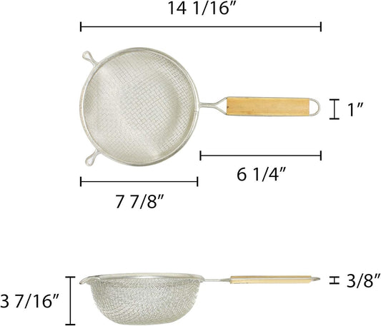 Double Fine Tin Mesh Strainer Handle Length Wooden Handle- Kitchen Utensil Food Strainer Skimmer Spoon for Cooking Sieve Sifters Rice Quinoa Pasta Fruits Vegetable