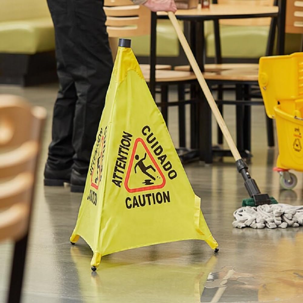 Pop-Up Safety Cone with Storage Tube- Multi-Lingual Caution Imprint and Wet Floor Symbol Floor Warning Sign in Public Spaces Safety Warning Signs for Commercial Use