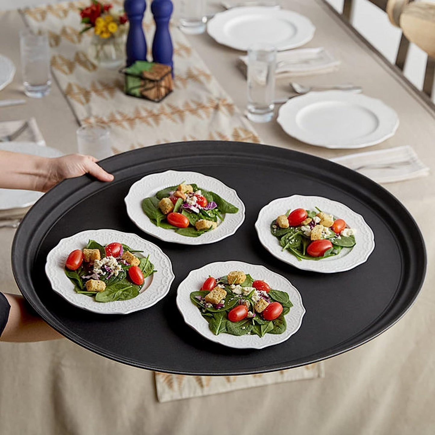 Serving Tray Fiberglass Set of 2- Non Slip Surface Service Trays Round Tray Plastic Food Meals Server Tray for Home Kitchen Restaurant Cafeteria Bar Hotel