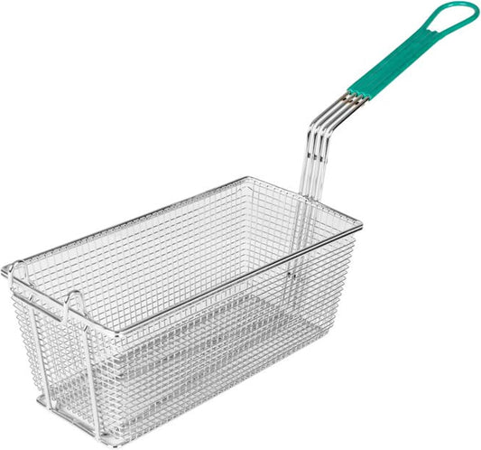 Rectangular Deep Fry Basket with Hook Heavy Duty Nickel Plated Iron with Green Coated Handle - for Home and Restaurant Kitchen Frying Chips Fish Sausages