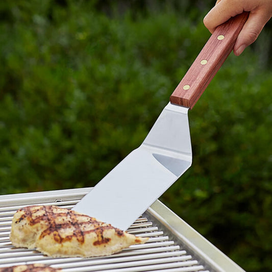 8" x 3" Stainless Steel Solid Turner with 21" Long Wooden Handle - Scraper Spatula Hamburger Pancake Flipper Great for BBQ Grill and Flat Top Griddle Commercial Grade