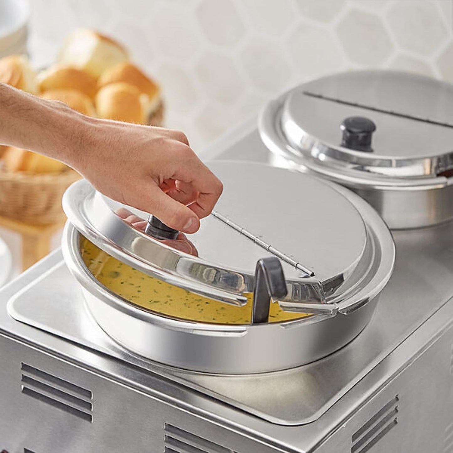 Hinged Stainless Steel Inset Cover Fits 11 qt Inset Pan with Plastic knob and Notched for ladle- for Soup Warmer and Soup Chafer for Catering Buffet Parties Banquets Commercial