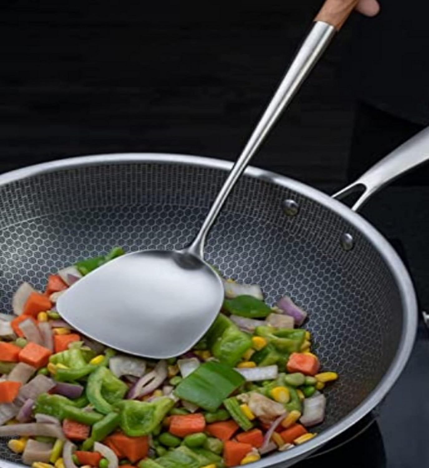 Stainless Steel Wok Spatula with Wooden Handle- Wok Cooking Utensil Wok Spatula Wide Metal Spatula for Fish Eggs Pancakes Wok