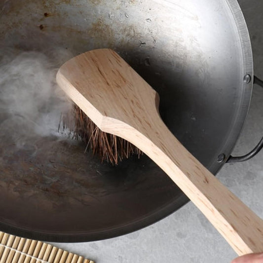 Wok Brush Palmyra Bristles with Wooden Handle - Wok Brush Cleaning Brush Kitchen pan Brush Scrub Brush Kitchen Cleaning Brush Pot Scraper Scrubber Dish Pan Brush for Cooking