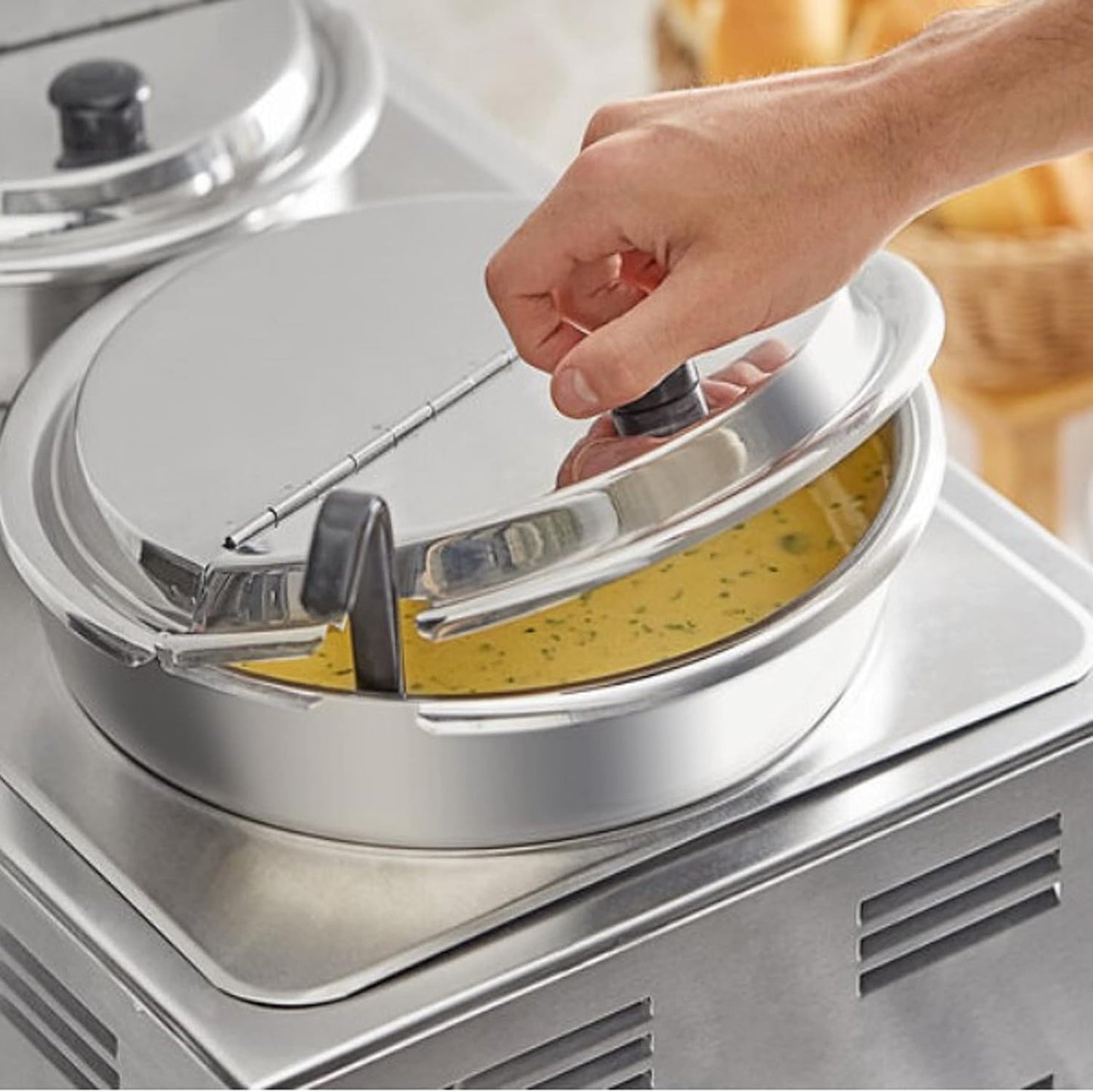 Hinged Stainless Steel Inset Cover Fits 11 qt Inset Pan with Plastic knob and Notched for ladle- for Soup Warmer and Soup Chafer for Catering Buffet Parties Banquets Commercial