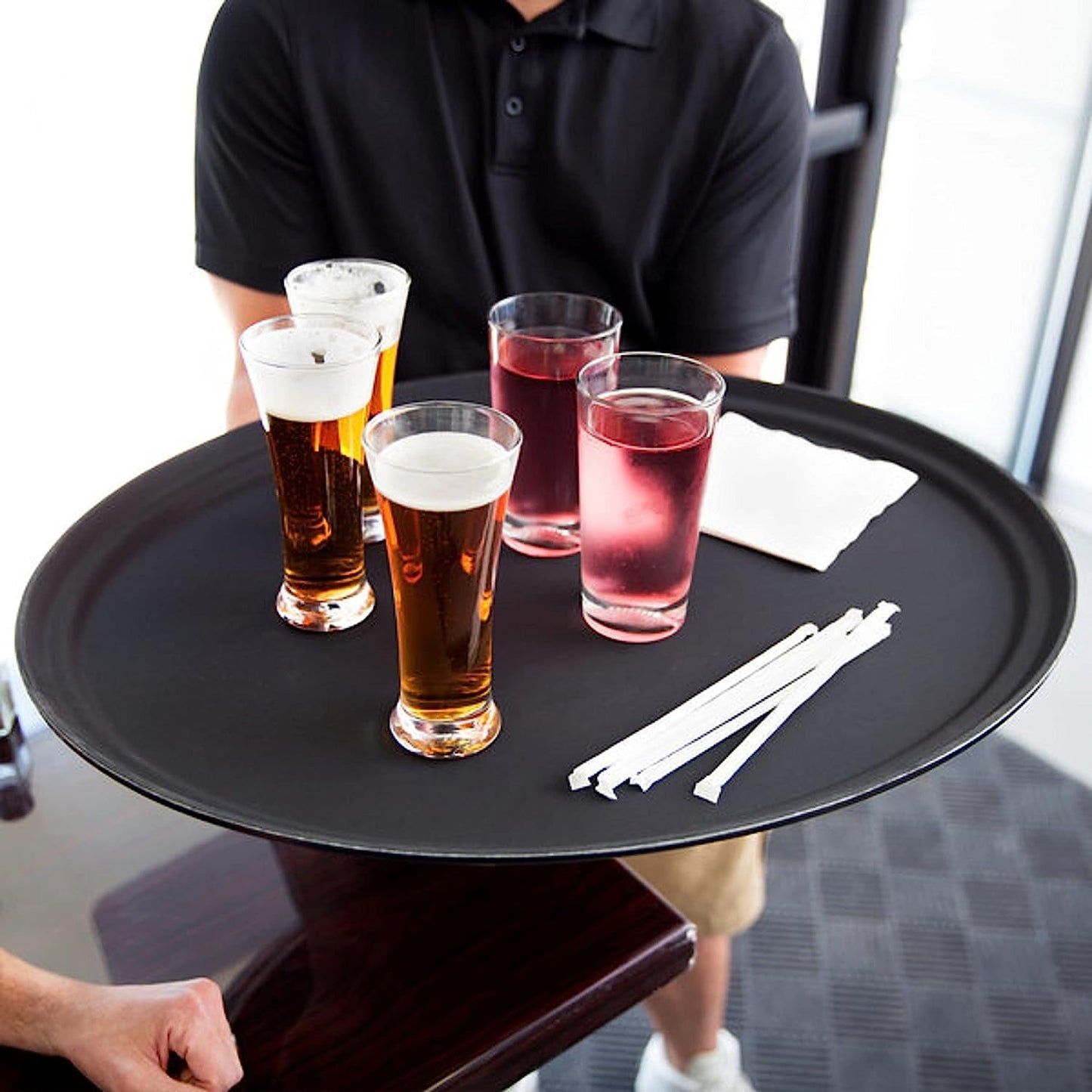 Serving Tray Fiberglass Set of 2- Non Slip Surface Service Trays Round Tray Plastic Food Meals Server Tray for Home Kitchen Restaurant Cafeteria Bar Hotel