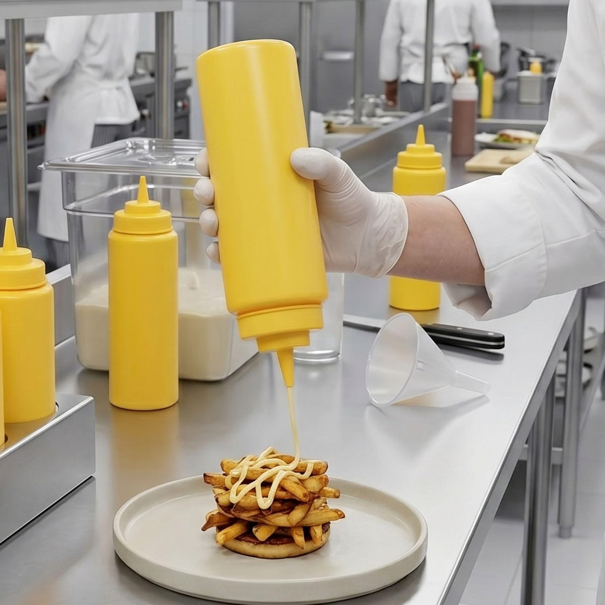 Set of 6 Squeeze Condiment Wide Mouth Dispensing Bottles - Plastic Squeeze Bottle for Sauces Spreads Ketchup Mustard Mayo Hot sauces and Olive oil