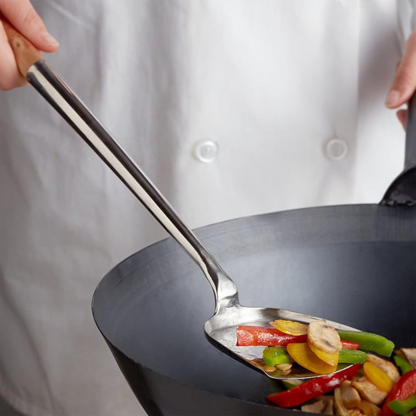 Stainless Steel Wok Spatula with Wooden Handle- Wok Cooking Utensil Wok Spatula Wide Metal Spatula for Fish Eggs Pancakes Wok