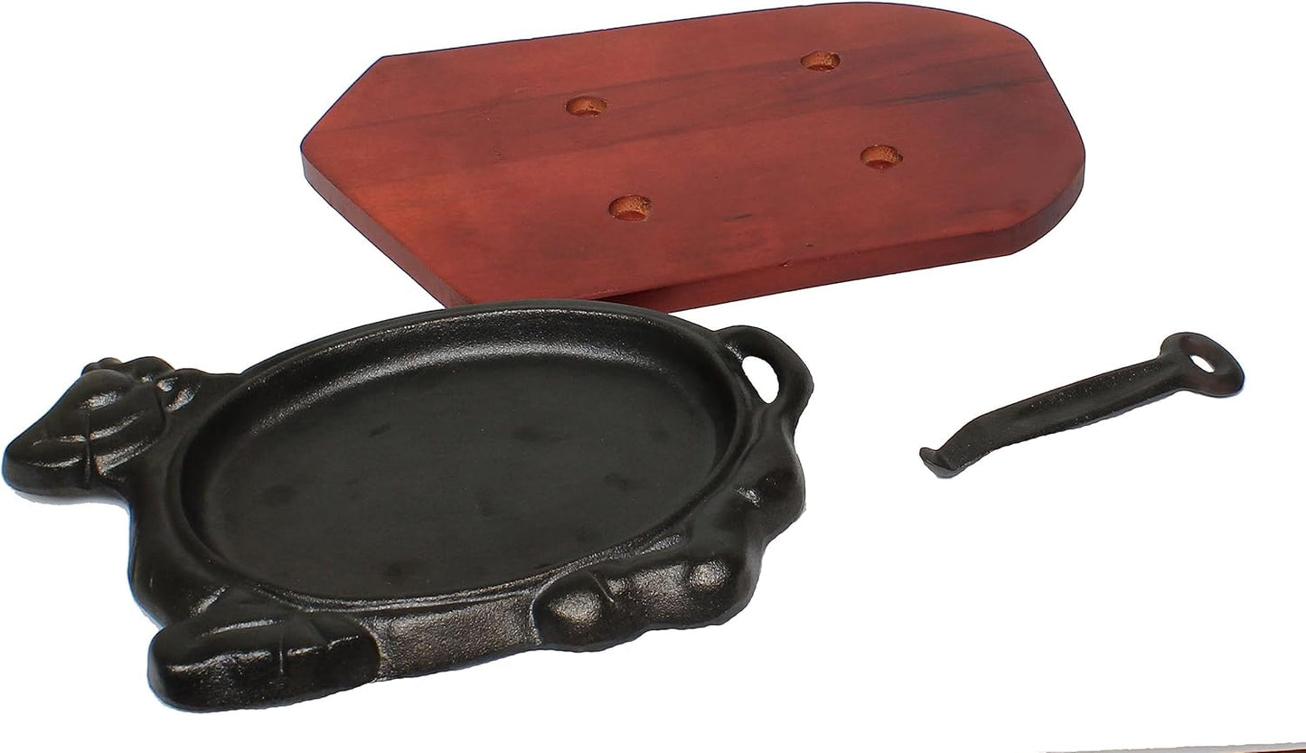 3 Piece Oval Cast Iron Sizzle Platter Set - Sizzler Plates Skillet Set Fajita Plate Fajita Pan With Wooden Base Perfect for Meats Steak Fish And Vegetables