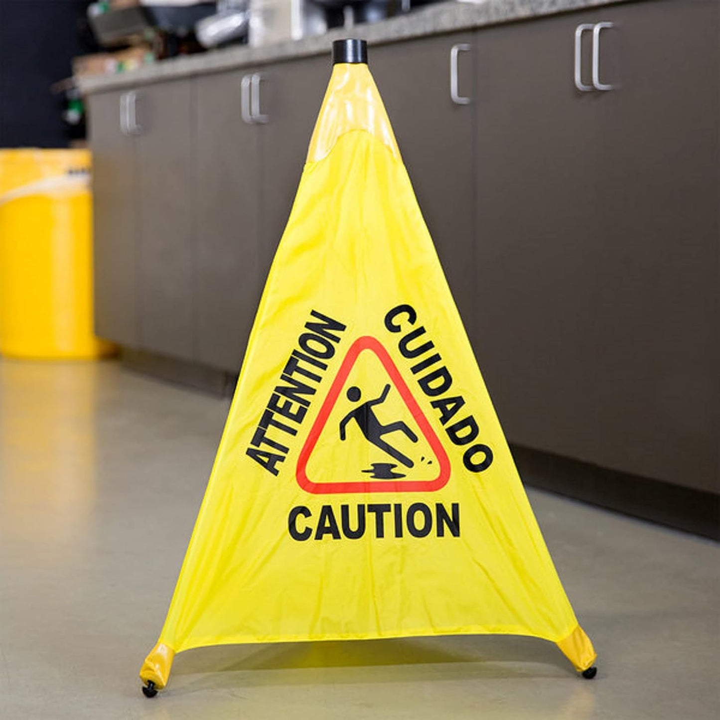 Pop-Up Safety Cone with Storage Tube- Multi-Lingual Caution Imprint and Wet Floor Symbol Floor Warning Sign in Public Spaces Safety Warning Signs for Commercial Use