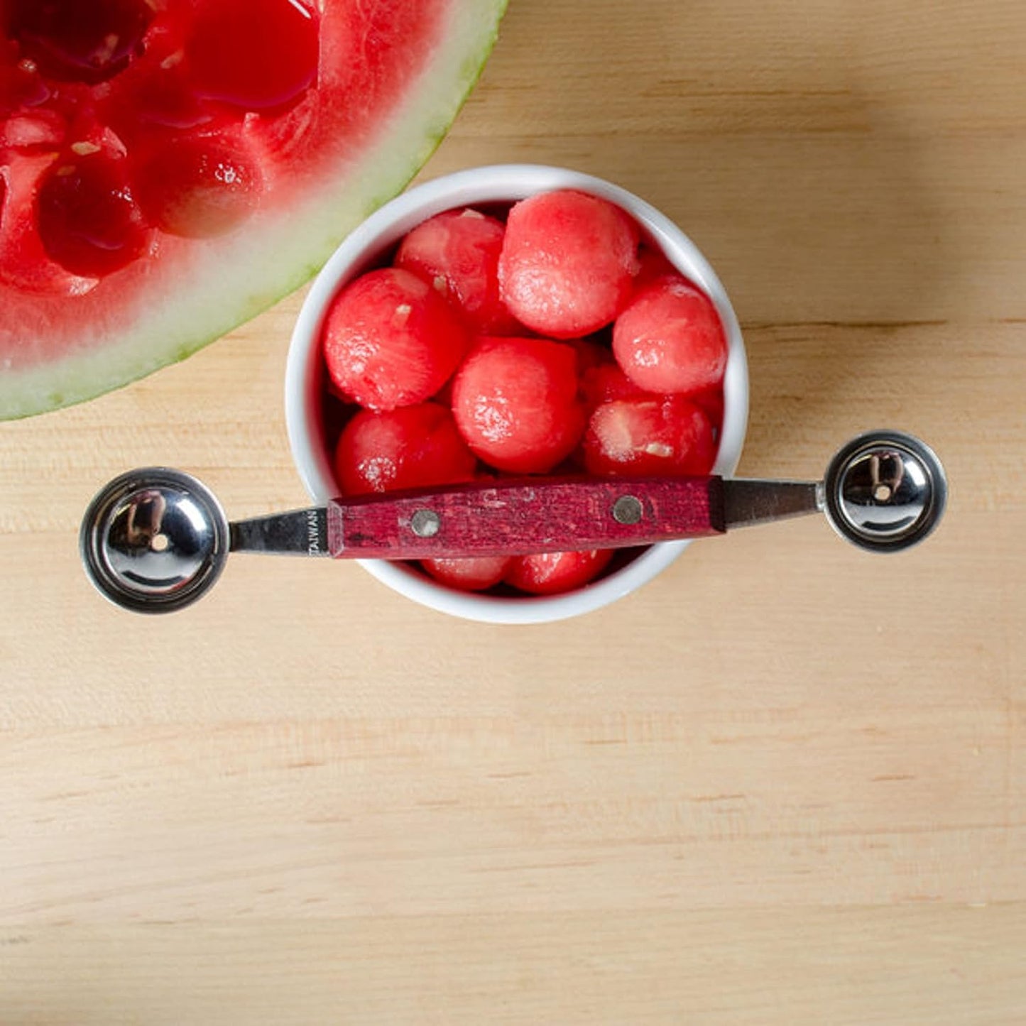 7" Stainless Steel Double Melon Baller with Wooden Center Grip- Fruit Vegetable Kitchen Gadget Fruit Scooper Smooth Round Melon Scoop for Watermelon Ice Cream Sorbet Meatball