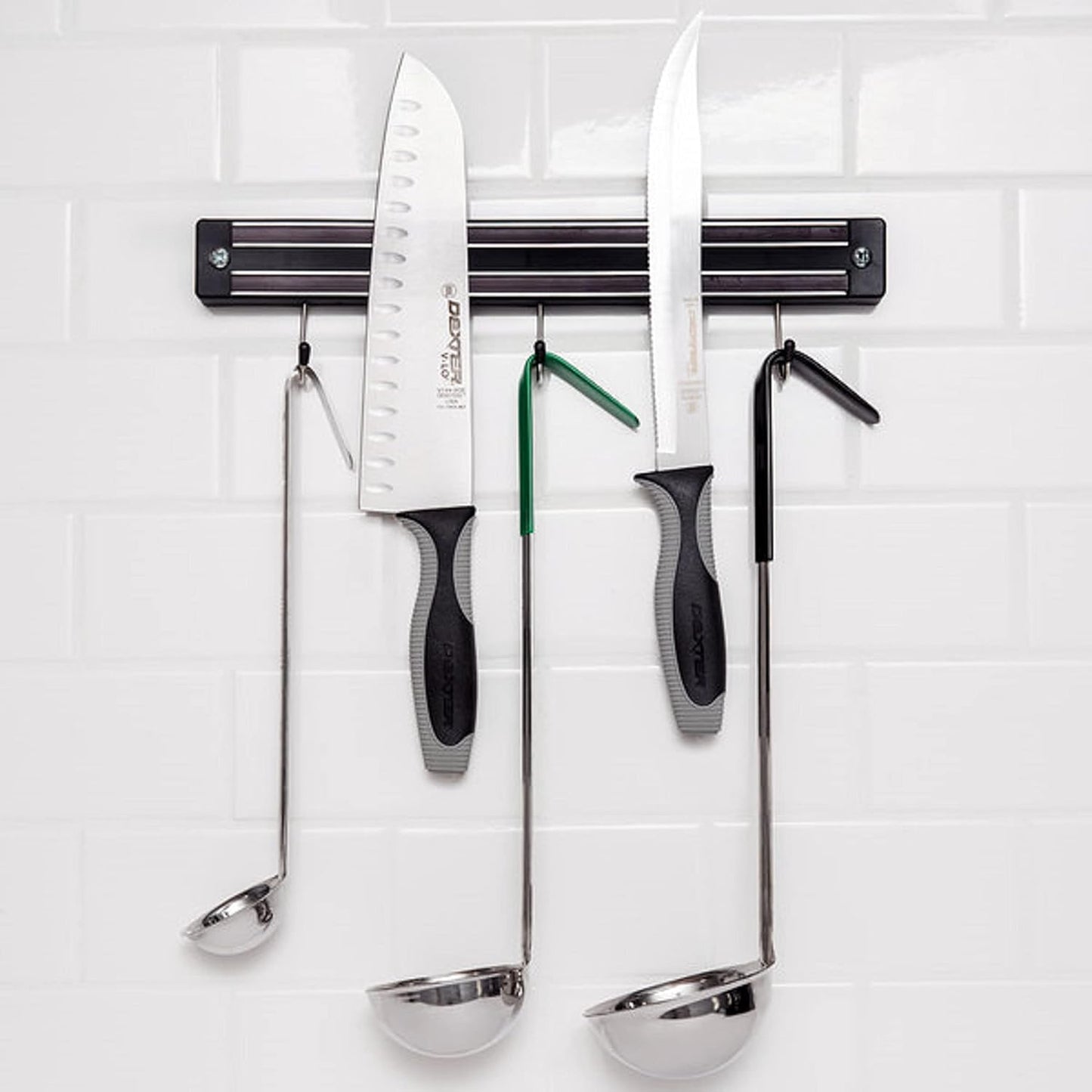 Magnetic Knife Holder Black with Plastic Base & Two Magnetic Strips for Wall optional hanging hooks -Strong Powerful Knife Rack Knife Strip Storage Display Magnetic Tool Organizer