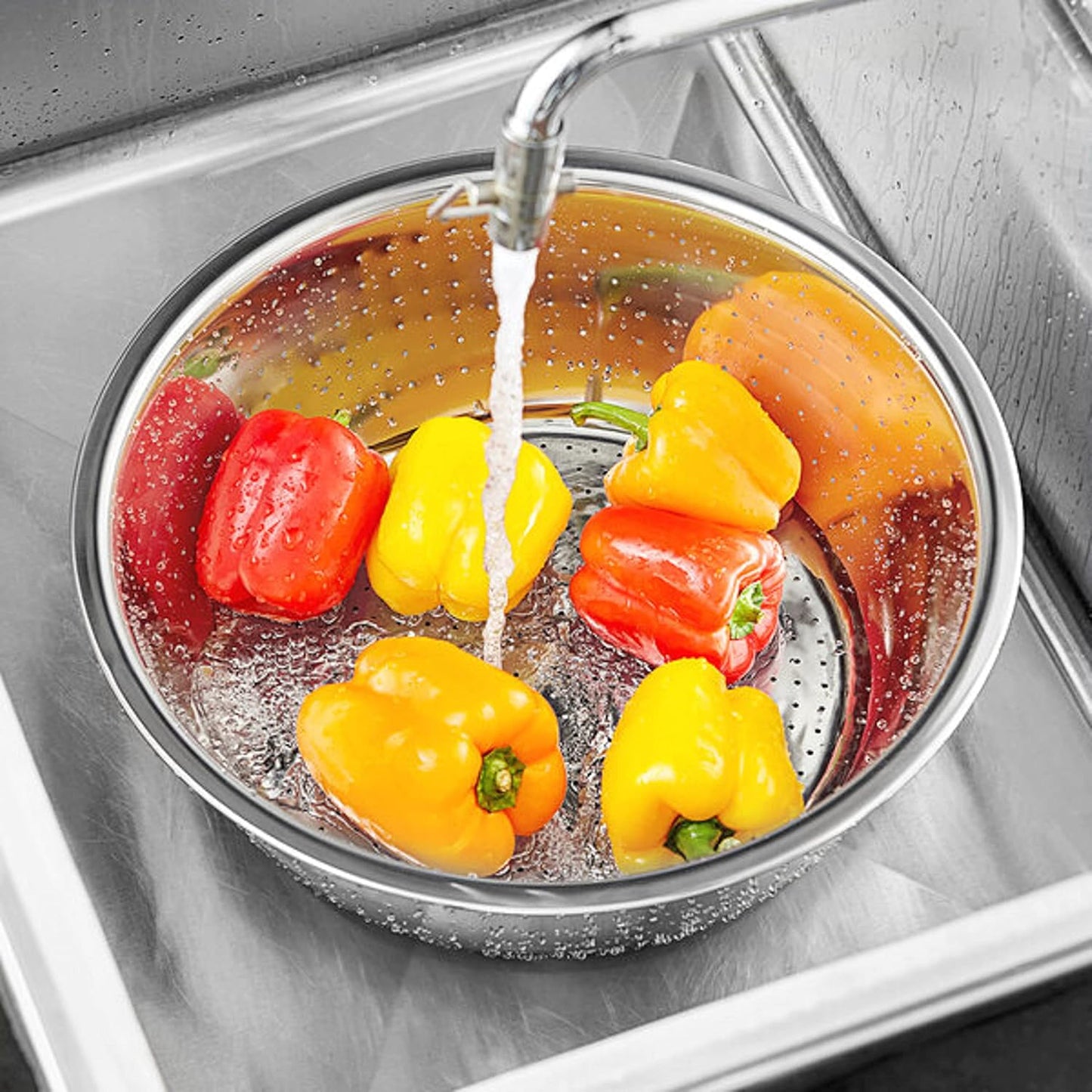 Stainless Steel Chinese Colander with Holes - Colander Strainer Basket Heavy Duty Kitchen Drainer Basket Strain Drain Rinse Fruits Vegetables and Drain Cooked Pasta