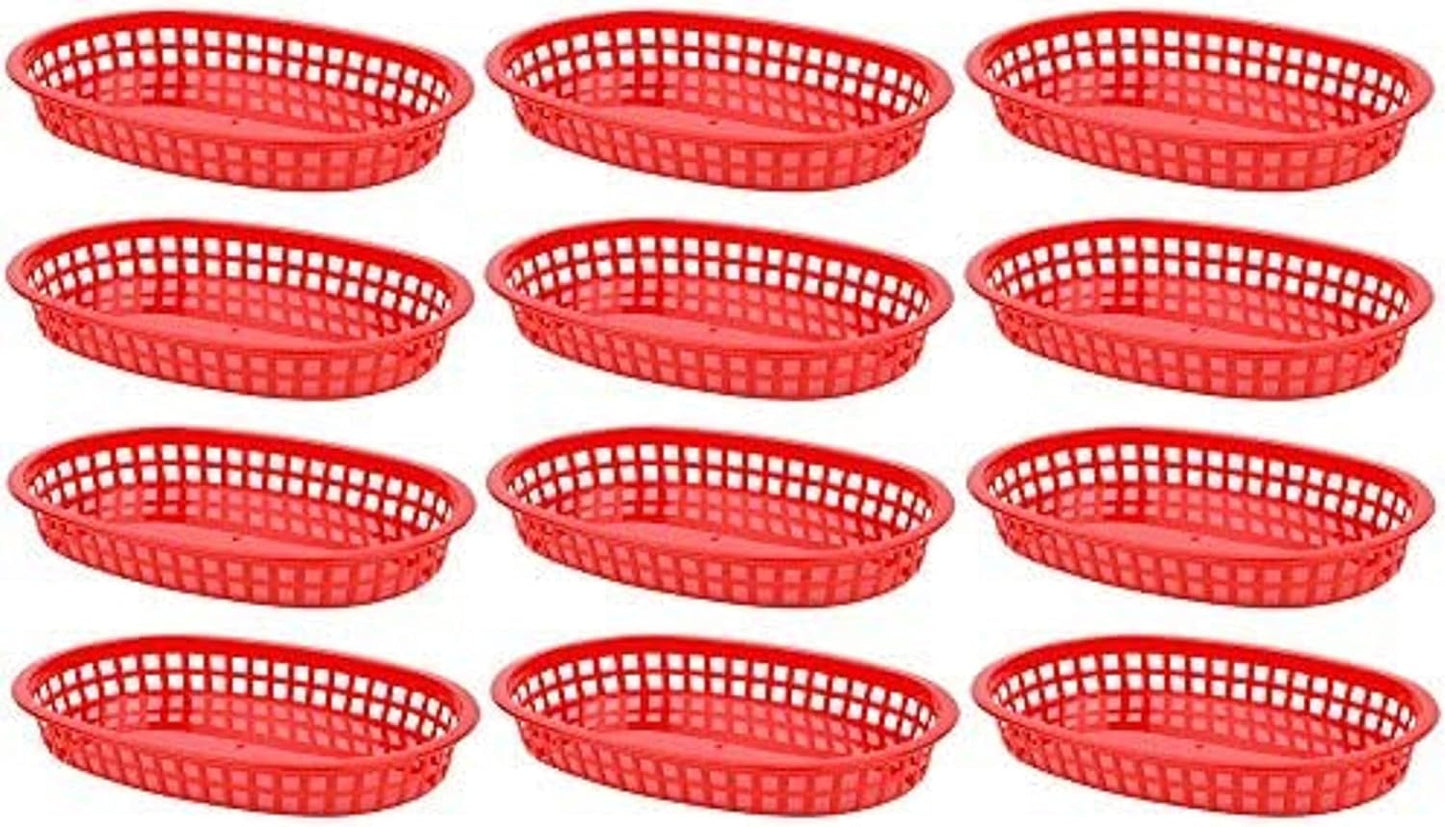 10-3/4" Oblong Fast Food Basket Plastic Set of 12- Fry Fast Food Reusable Foodservice Restaurant Diner Tray Plates Restaurant Deli Serving Chicken Burgers Sandwiches & Fries