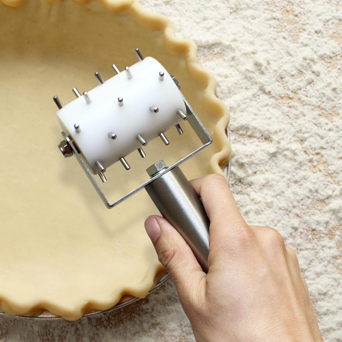 Pizza Dough Roller Docker with Pins Stainless Steel Handle with Plastic barrel 8-1/8" x 5-3/8" - Pastry Dough Docker for Crackers Bread Pie Cake Cookies Pizza Dough Docker