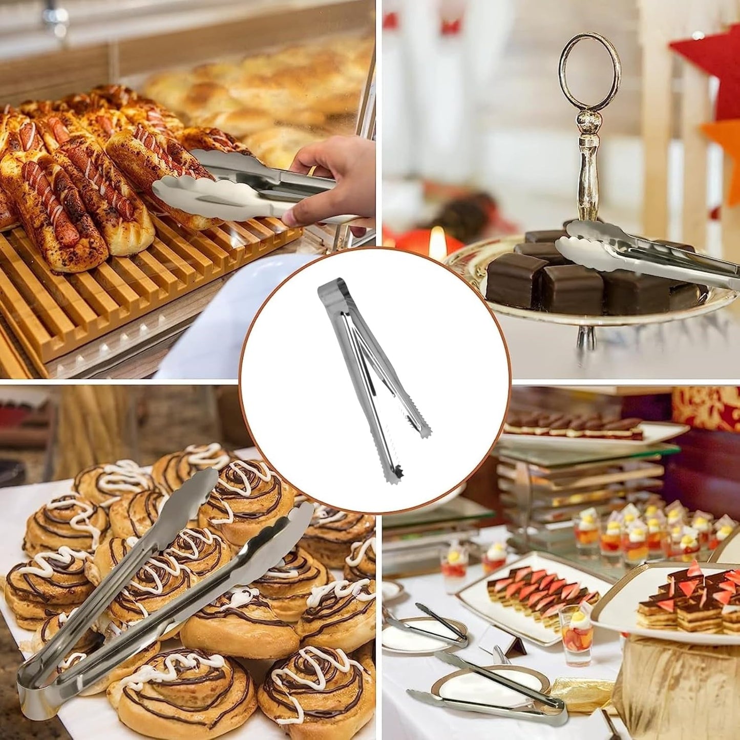 Stainless Steel Bread Tong Set of 12- Serving Tongs Bread Tongs Strong Grip for Grabbing Food Premium Stainless Steel Tongs for Serving Cooking Grilling Barbecue BBQ Buffet