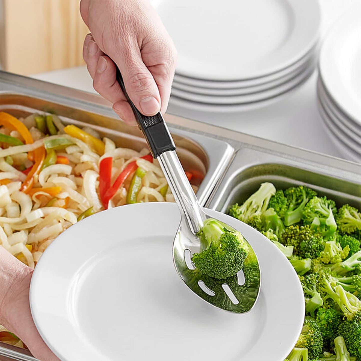 Basting Spoon Stainless Steel with Black Plastic Handle- Basting Spoon Utensil Spoon for Mixing Stirring Cooking & Serving Kitchen Accessories Restaurants and at Home