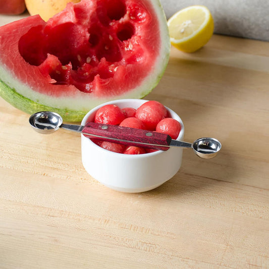 7" Stainless Steel Double Melon Baller with Wooden Center Grip- Fruit Vegetable Kitchen Gadget Fruit Scooper Smooth Round Melon Scoop for Watermelon Ice Cream Sorbet Meatball