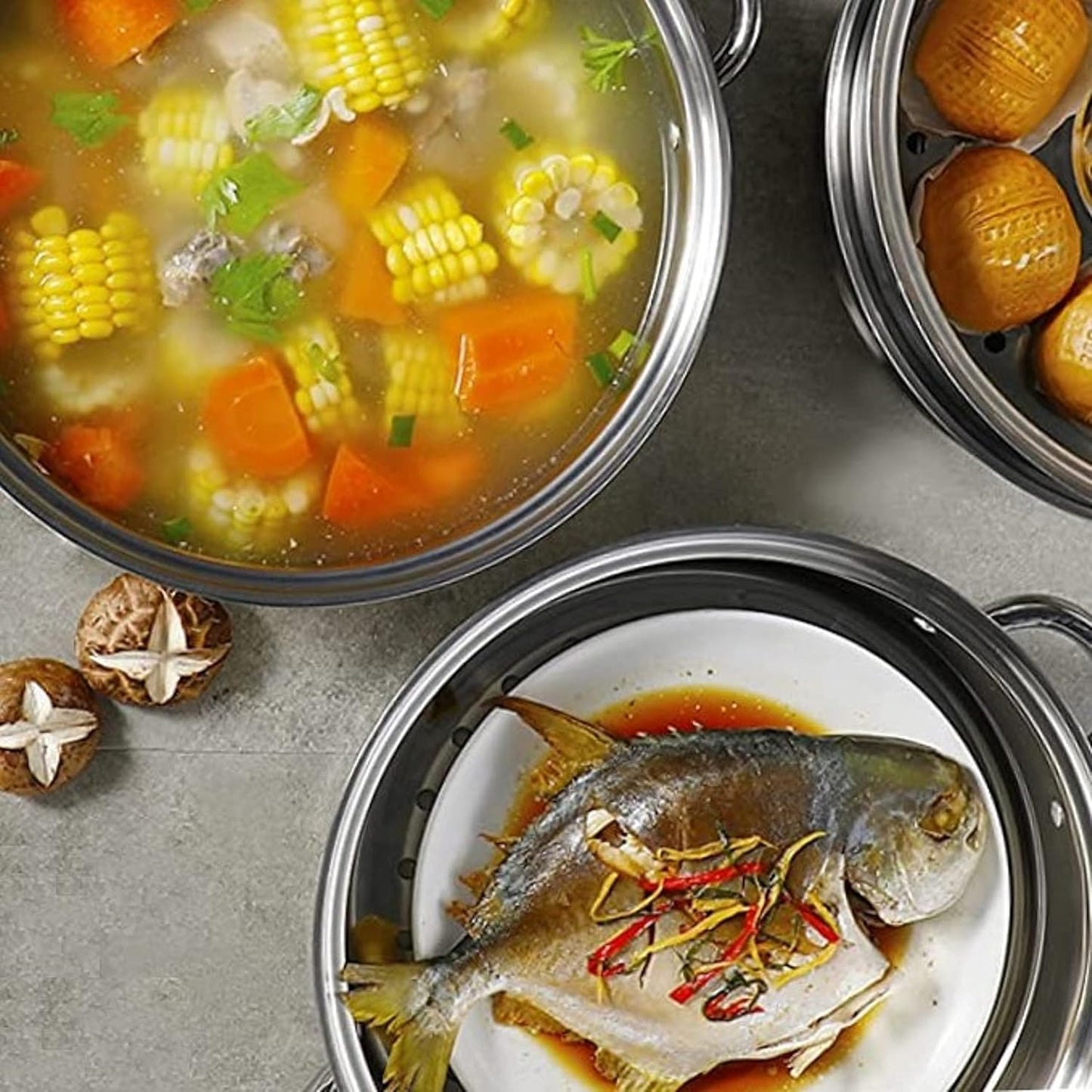 Aluminum 3 Tier Steamer Set 1/8” hole size - Steamer for Cooking Steamer Pot Food Steamer Steam Pots with Lid for Cooking Vegetables Seafood Soups Stews and Pasta