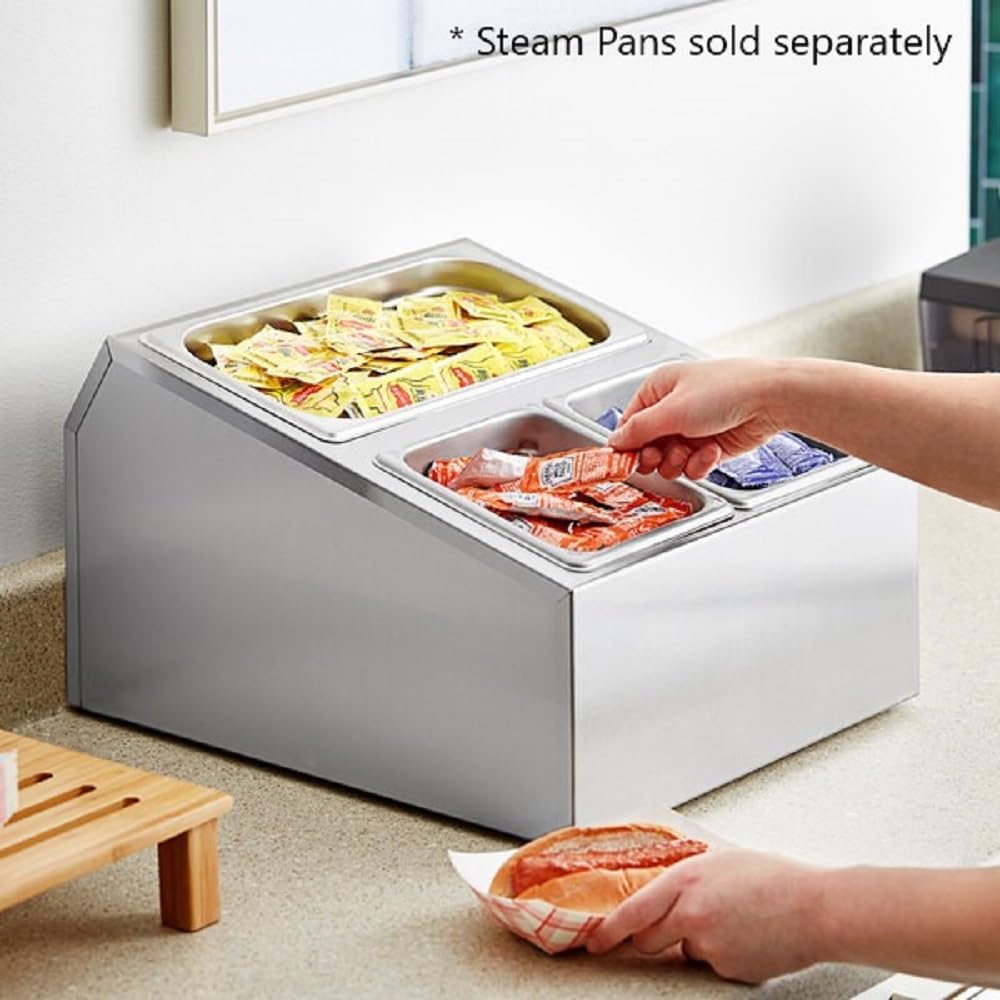 13-3/4" x 16-5/8" x 9" Stainless Steel Condiment Pack Holder with Three Divided Areas Fits 1/6 & 1/3 Steam Pans - Condiment Holder Organizer Hotel Pan Organizer Kitchen Restaurants
