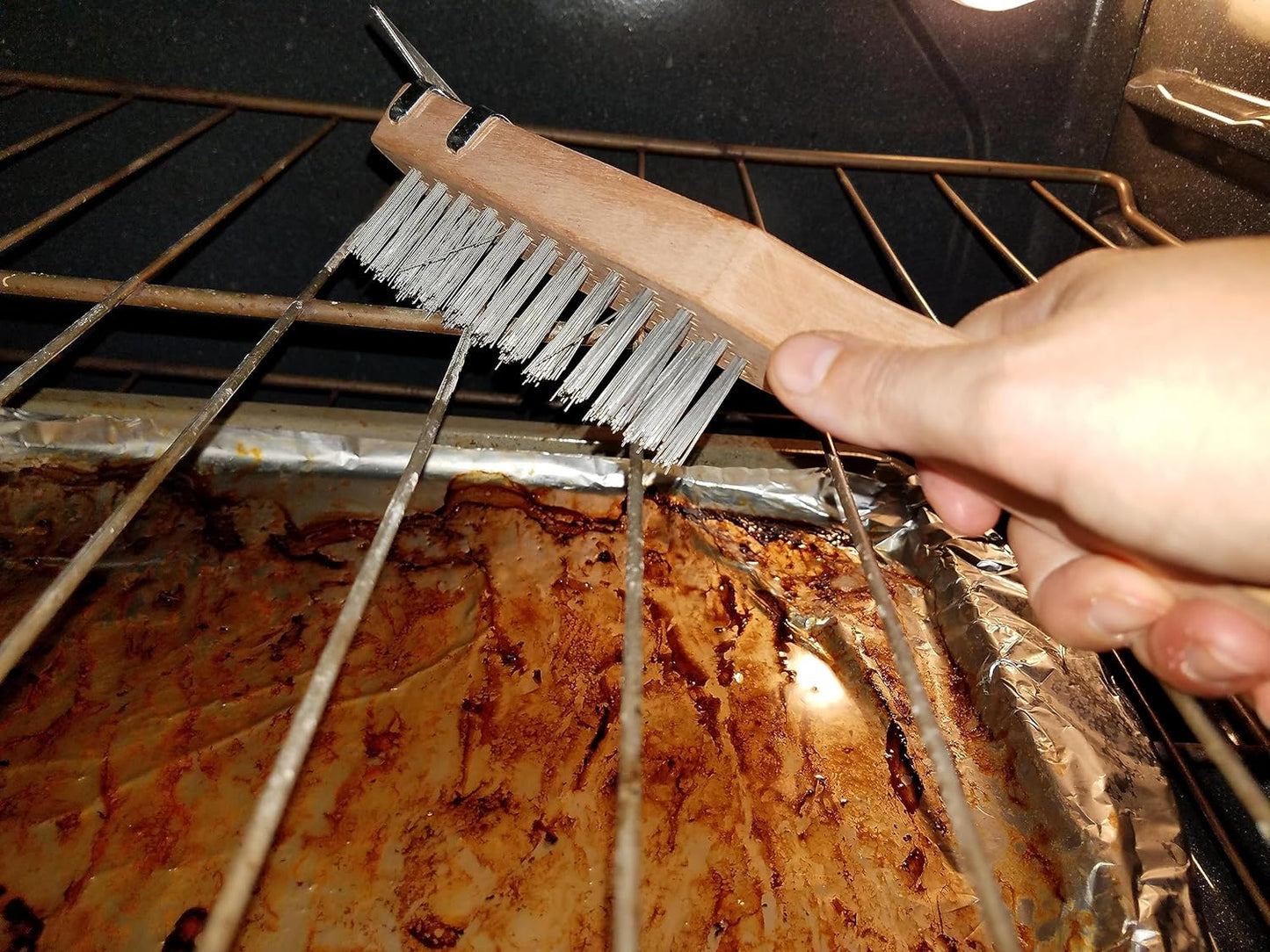 Pizza Oven Brush with Scraper Black Metal Wire Brush with Wooden Handle-Pizza Oven Cleaning Brush for Pizza Stone Grill Brush Outdoor BBQ Cleaning Oven Accessories