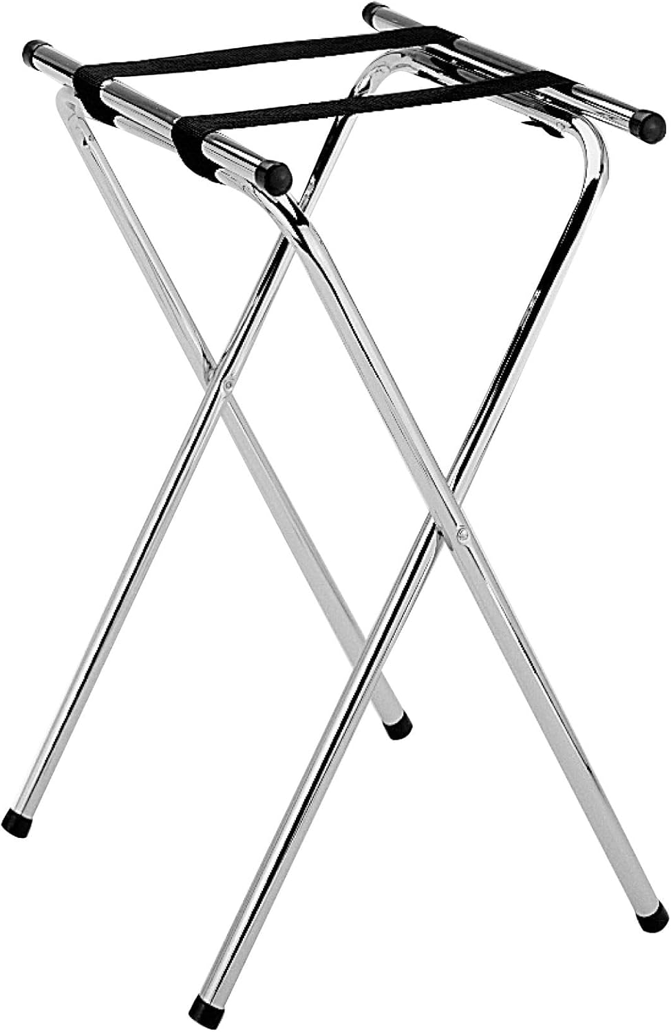 Folding Serving Tray Stand Chrome Plated Iron with Black Nylon Straps - Use at Home Hotels and Restaurants