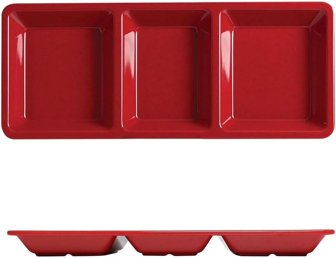 28 oz Rectangular 3-Section Tray Passion Melamine - Dishwasher Safe Serving Bowl Dipping Sauce Dishes Sauce Bowls for Dips Chips Veggies Fruits Home Restaurants