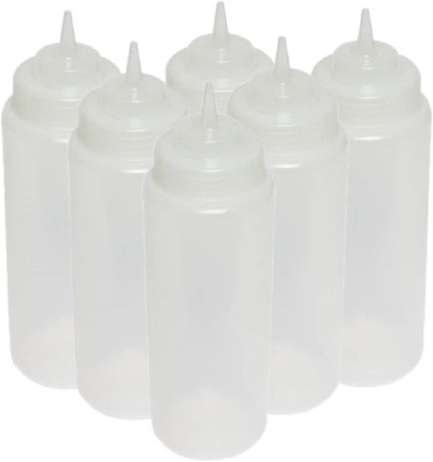Set of 6 Squeeze Condiment Wide Mouth Dispensing Bottles - Plastic Squeeze Bottle for Sauces Spreads Ketchup Mustard Mayo Hot sauces and Olive oil