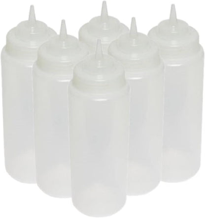 Set of 6 Squeeze Condiment Wide Mouth Dispensing Bottles - Plastic Squeeze Bottle for Sauces Spreads Ketchup Mustard Mayo Hot sauces and Olive oil