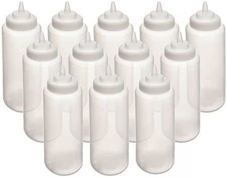 Set of 12 Squeeze Condiment Wide Mouth Dispensing Bottles 32 oz Clear- Plastic Squeeze Bottle For Sauces Spreads Ketchup Mustard Mayo