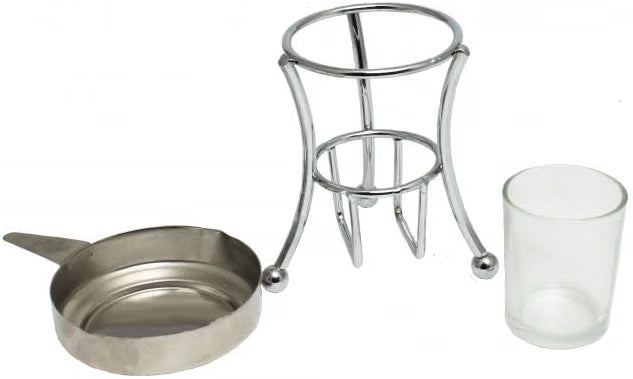3 Piece Set Butter Warmer Stainless Steel Warmer Pan with Chrome Iron Plated Wire Stand and Glass Holder- Warmer Set for Chocolate Butter Cheese Perfect for dip Fruit Dessert Snack